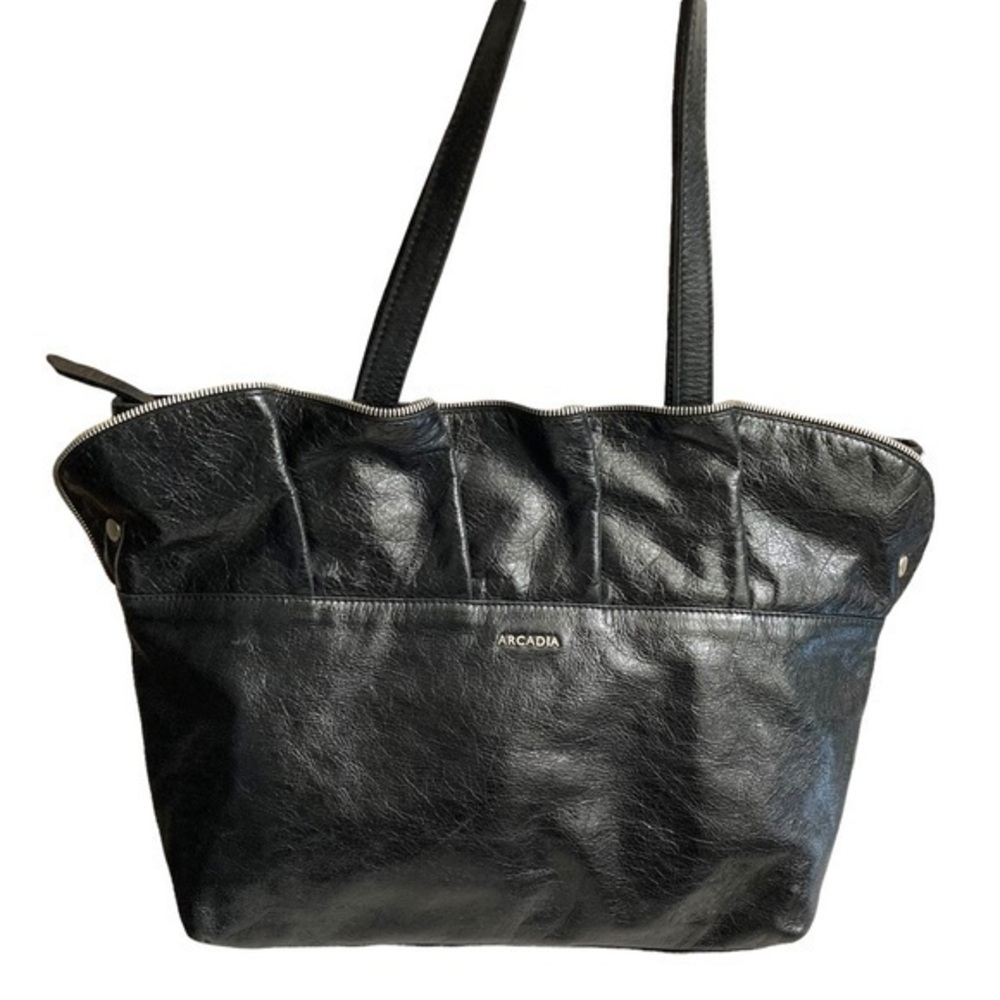 Arcadia made in Italy ruffled black leather tote bag